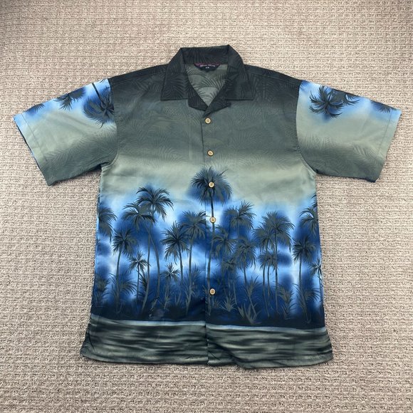 MAUI MAUI Hawaiian Shirt Men Medium M Gray Blue Button Up Palm Trees Polyester - Picture 1 of 6